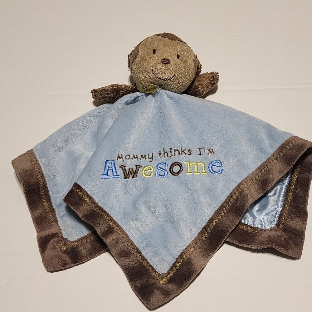 Carter's monkey Mommy thinks I'm awesome lovey security blanket rattle toy Blue